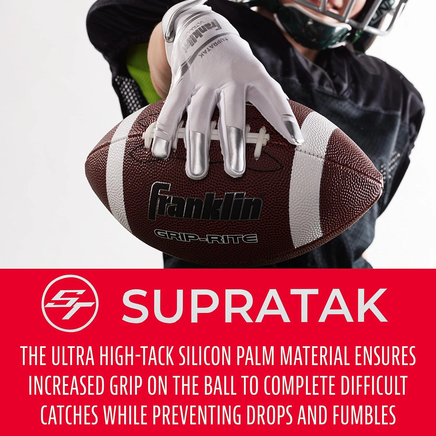 Franklin Sports Supratak Football Receiver Gloves - White/Chrome - Adult Small
