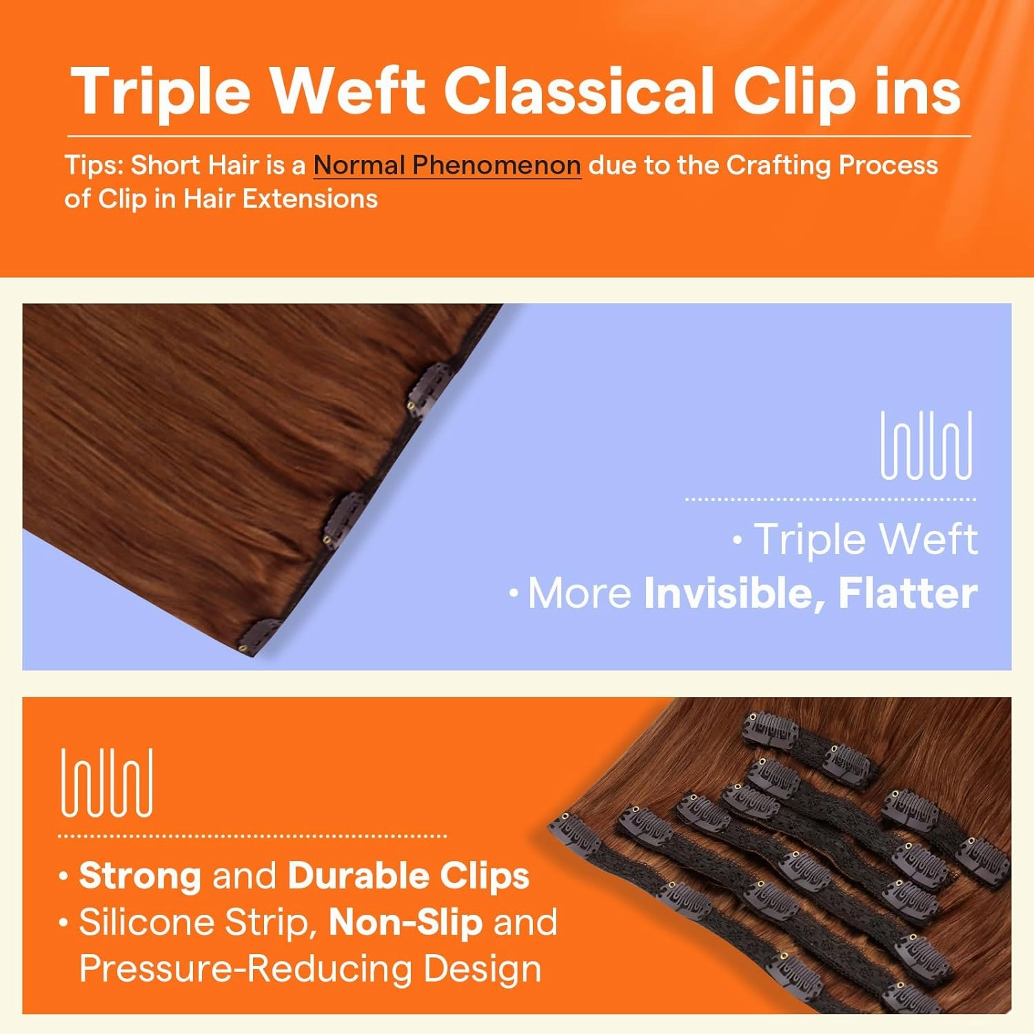 Full Shine Copper Clip in Hair Extensions Invisible Clip in Extensions for Women Light Copper Hair Extensions Triple Weft 20 Inch 7 Pcs 120 G