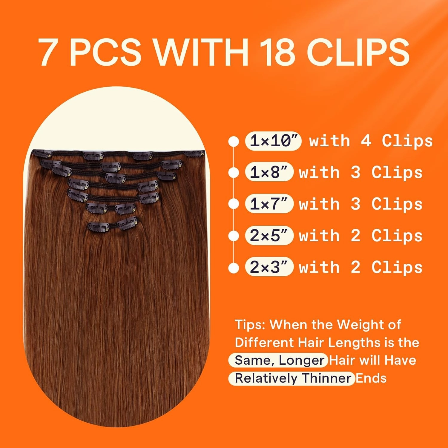 Full Shine Copper Clip in Hair Extensions Invisible Clip in Extensions for Women Light Copper Hair Extensions Triple Weft 20 Inch 7 Pcs 120 G