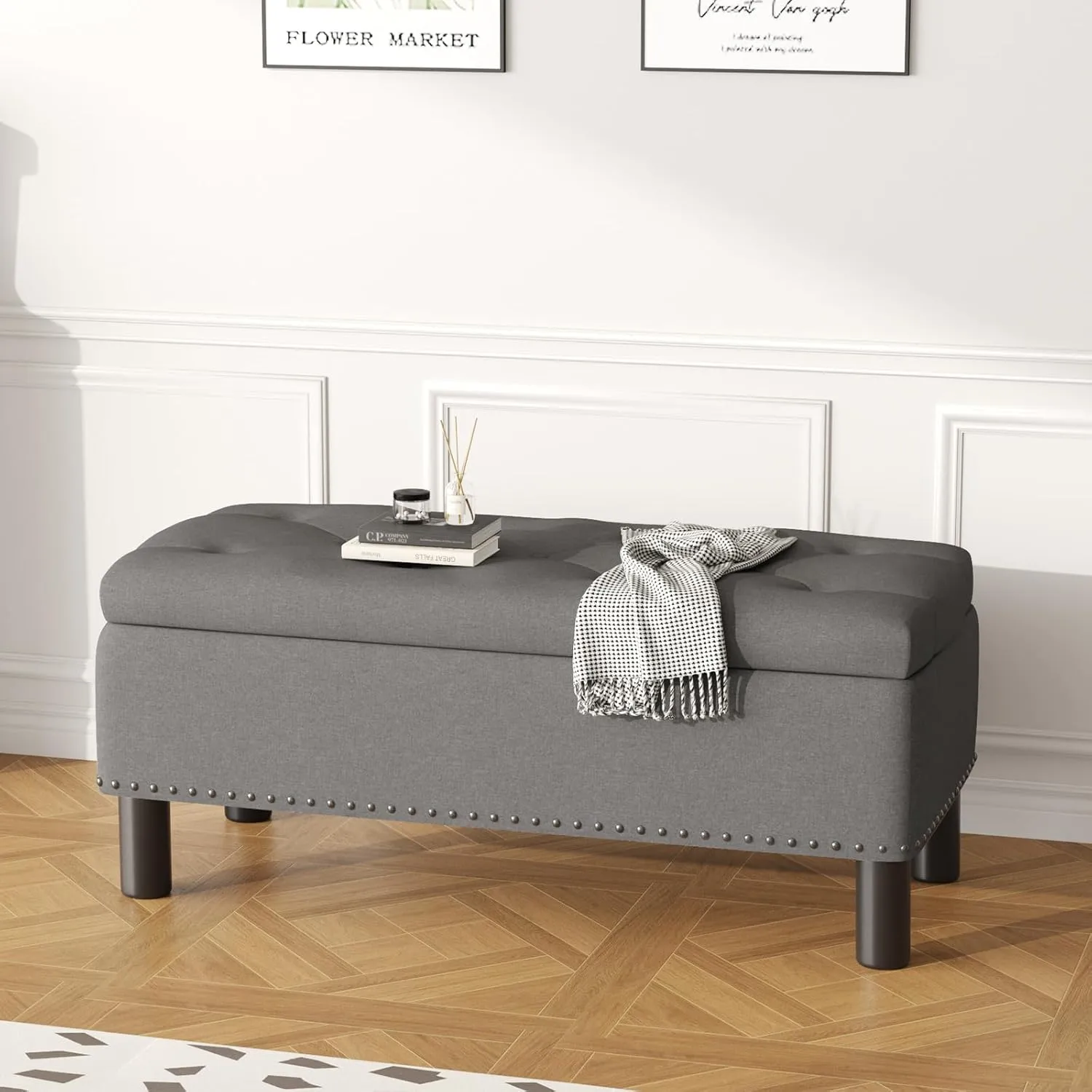 Furniliving Ottoman Bench with Storage, Folding Storage Ottoman Bench with Wood Legs, Upholstered Bedroom Bench with Button-Tufted, Entryway Bench Storage Bench for Bedroom, Linen (Darkgrey)