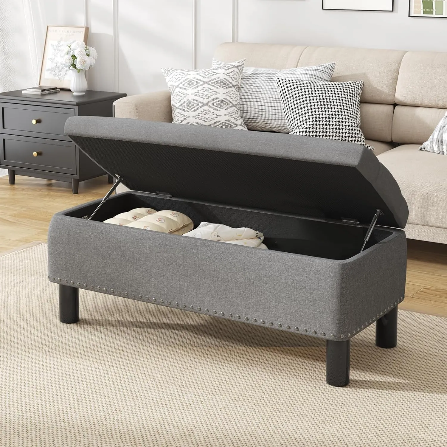 Furniliving Ottoman Bench with Storage, Folding Storage Ottoman Bench with Wood Legs, Upholstered Bedroom Bench with Button-Tufted, Entryway Bench Storage Bench for Bedroom, Linen (Darkgrey)