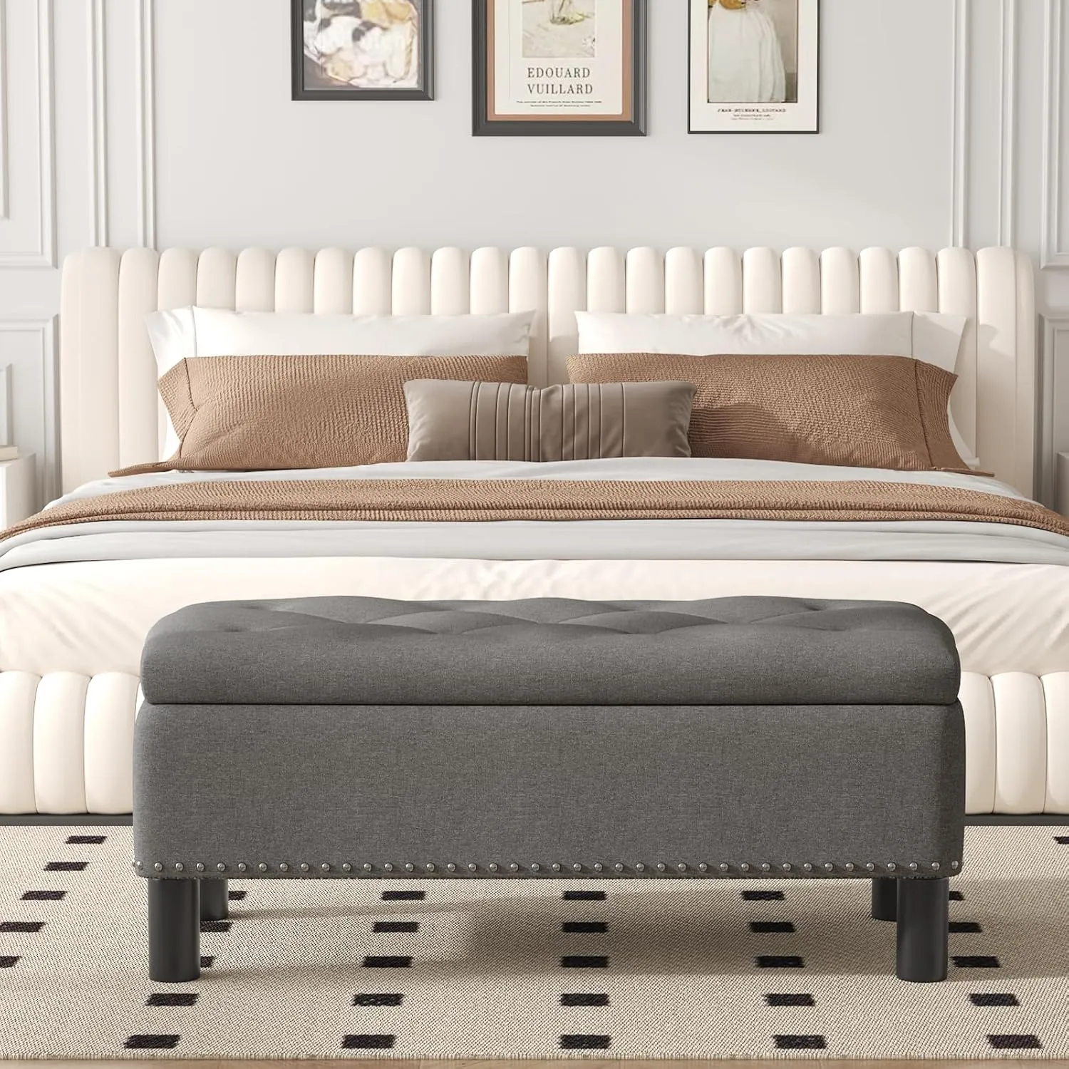 Furniliving Ottoman Bench with Storage, Folding Storage Ottoman Bench with Wood Legs, Upholstered Bedroom Bench with Button-Tufted, Entryway Bench Storage Bench for Bedroom, Linen (Darkgrey)