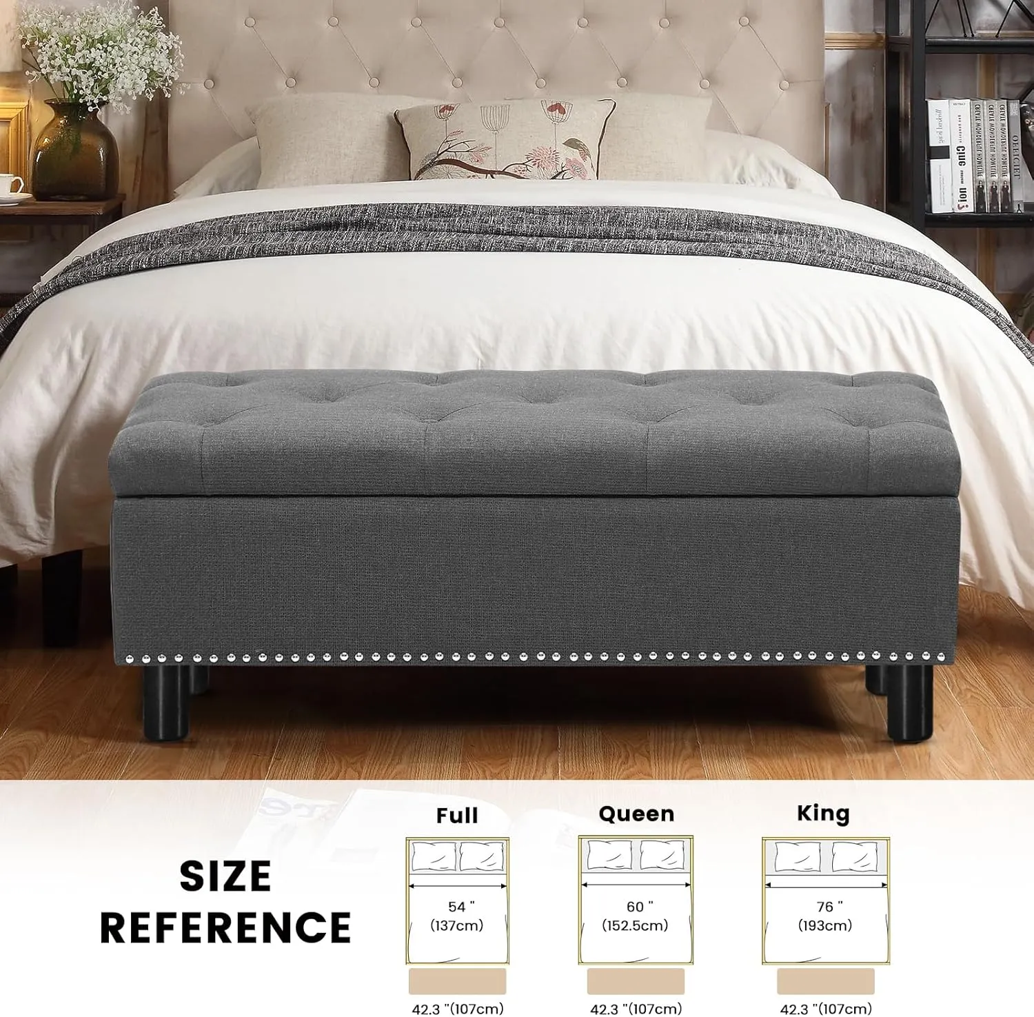 Furniliving Ottoman Bench with Storage, Folding Storage Ottoman Bench with Wood Legs, Upholstered Bedroom Bench with Button-Tufted, Entryway Bench Storage Bench for Bedroom, Linen (Darkgrey)