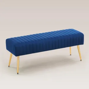 Furnimart 44 Inch Velvet Bench Ottoman Bench Footrest Bedroom Bench End of Bed Tufting Bench Indoor Bench with Gold Legs for Living Room Bedroom Entryway Dark Blue