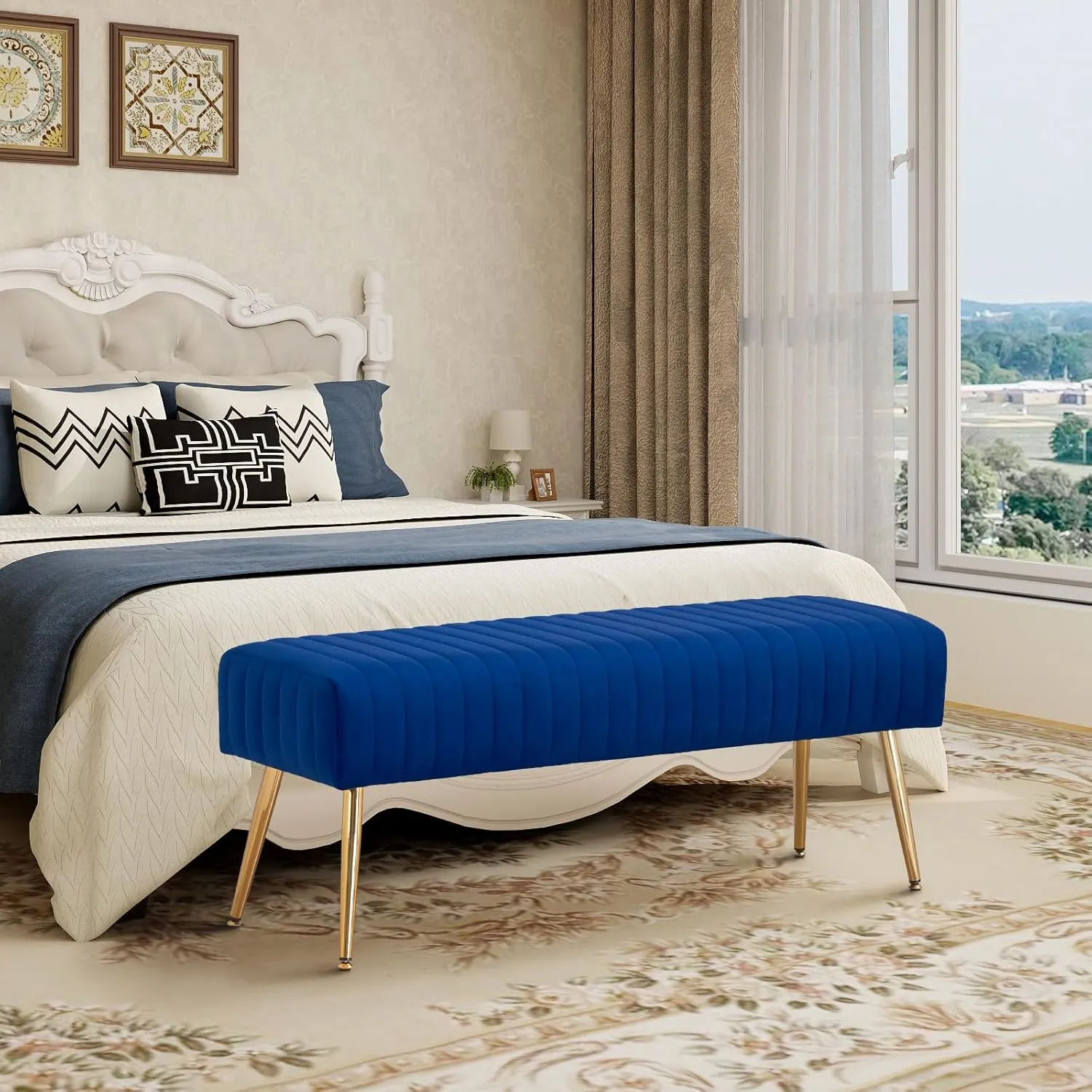 Furnimart 44 Inch Velvet Bench Ottoman Bench Footrest Bedroom Bench End of Bed Tufting Bench Indoor Bench with Gold Legs for Living Room Bedroom Entryway Dark Blue
