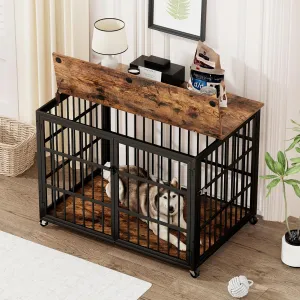 Furniture-Style Dog Crate for Comfort and Security, Rustic Brown Design, Open View for Interaction, 43.3''W x 29.9''D x 33.5''H