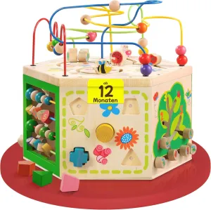 Garden Activity Cube. Wood Shape & Color Sorter, Bead Maze & Counting Baby Toy