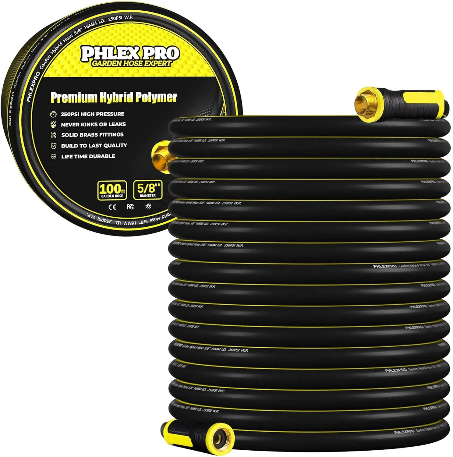 Garden Hose 100FT - PHLEX PRO Heavy-Duty Premium 5/8'' Rubber 3-Layer Water Hose - Innovation Flexible Hybrid Lightweight Water Hose with Full Brass Male to Female Fittings (RyobiGreen)