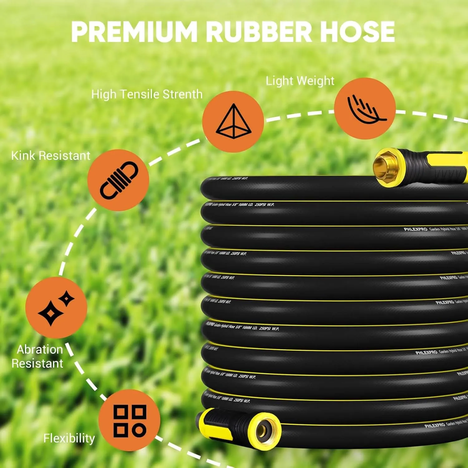 Garden Hose 100FT - PHLEX PRO Heavy-Duty Premium 5/8'' Rubber 3-Layer Water Hose - Innovation Flexible Hybrid Lightweight Water Hose with Full Brass Male to Female Fittings (RyobiGreen)
