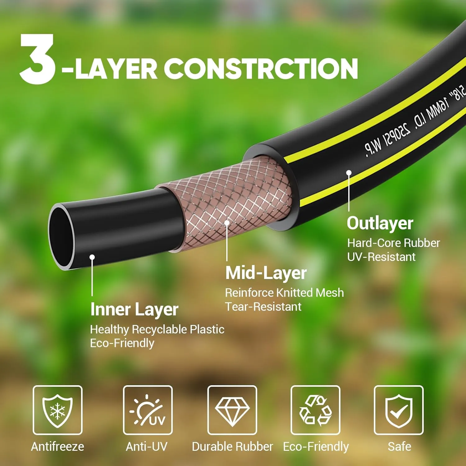 Garden Hose 100FT - PHLEX PRO Heavy-Duty Premium 5/8'' Rubber 3-Layer Water Hose - Innovation Flexible Hybrid Lightweight Water Hose with Full Brass Male to Female Fittings (RyobiGreen)