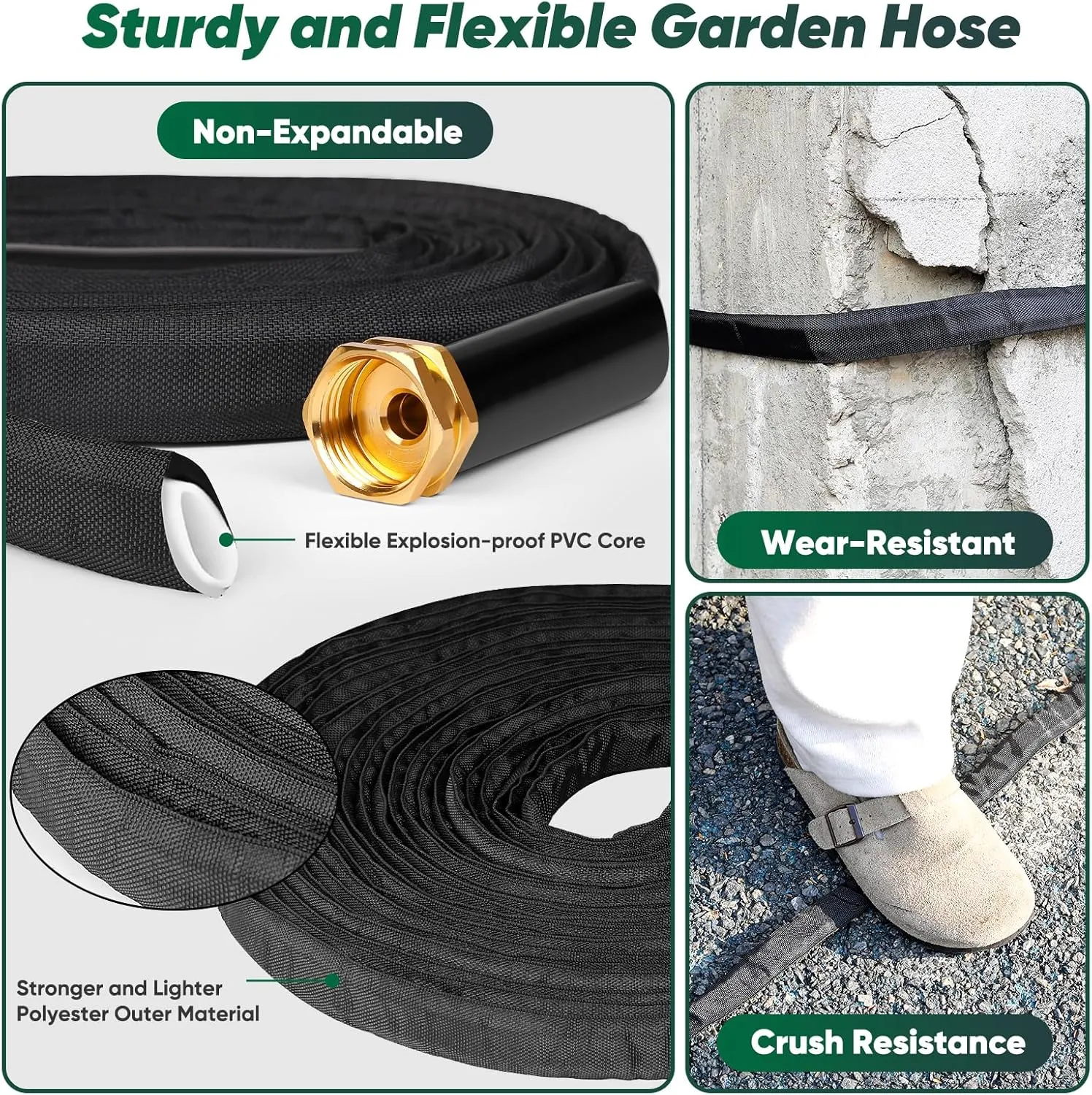 Garden Hose 50ft, Non-Expanding, Lightweight, Leak-Proof Metal interface, No-Knots, Portable, Wear-Resistant, Sturdy, Flexible, 3/4GHT, Water Hose for Yard, Garden