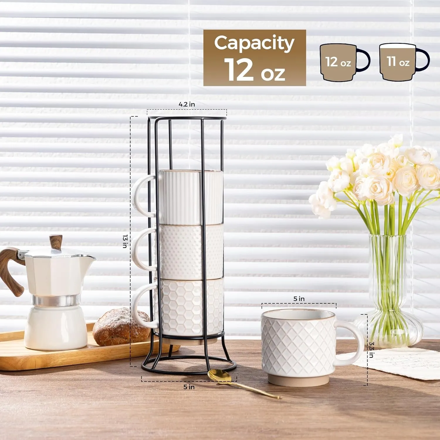 GBHOME 12OZ Stackable Coffee Mugs with Stand, Ceramic Coffee Mugs with Texture Patterns for Man,Woman,Dad,Mom, Modern Coffee Cups Set of 4 for Latte/Cappuccino/Cocoa. Dishwasher&Microwave Safe