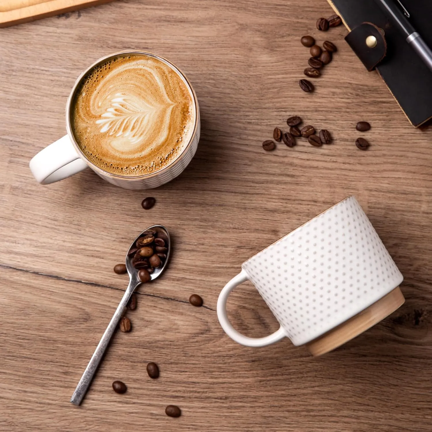GBHOME 12OZ Stackable Coffee Mugs with Stand, Ceramic Coffee Mugs with Texture Patterns for Man,Woman,Dad,Mom, Modern Coffee Cups Set of 4 for Latte/Cappuccino/Cocoa. Dishwasher&Microwave Safe