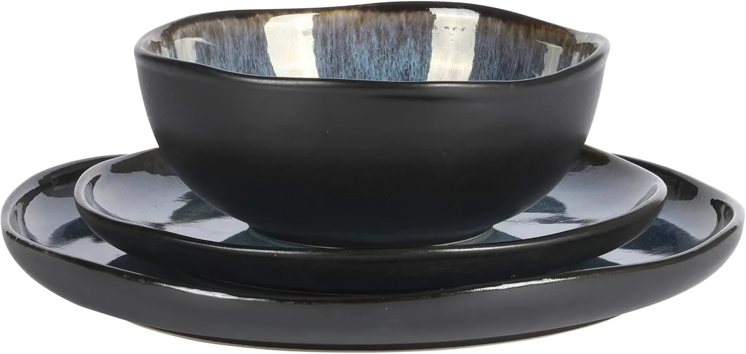 Gibson Soho Lounge Nardini 12 Piece (Service for 4) Plates and Bowls Reactive Glaze Dishes Stoneware Ceramic Dinnerware Set - Black and Blue
