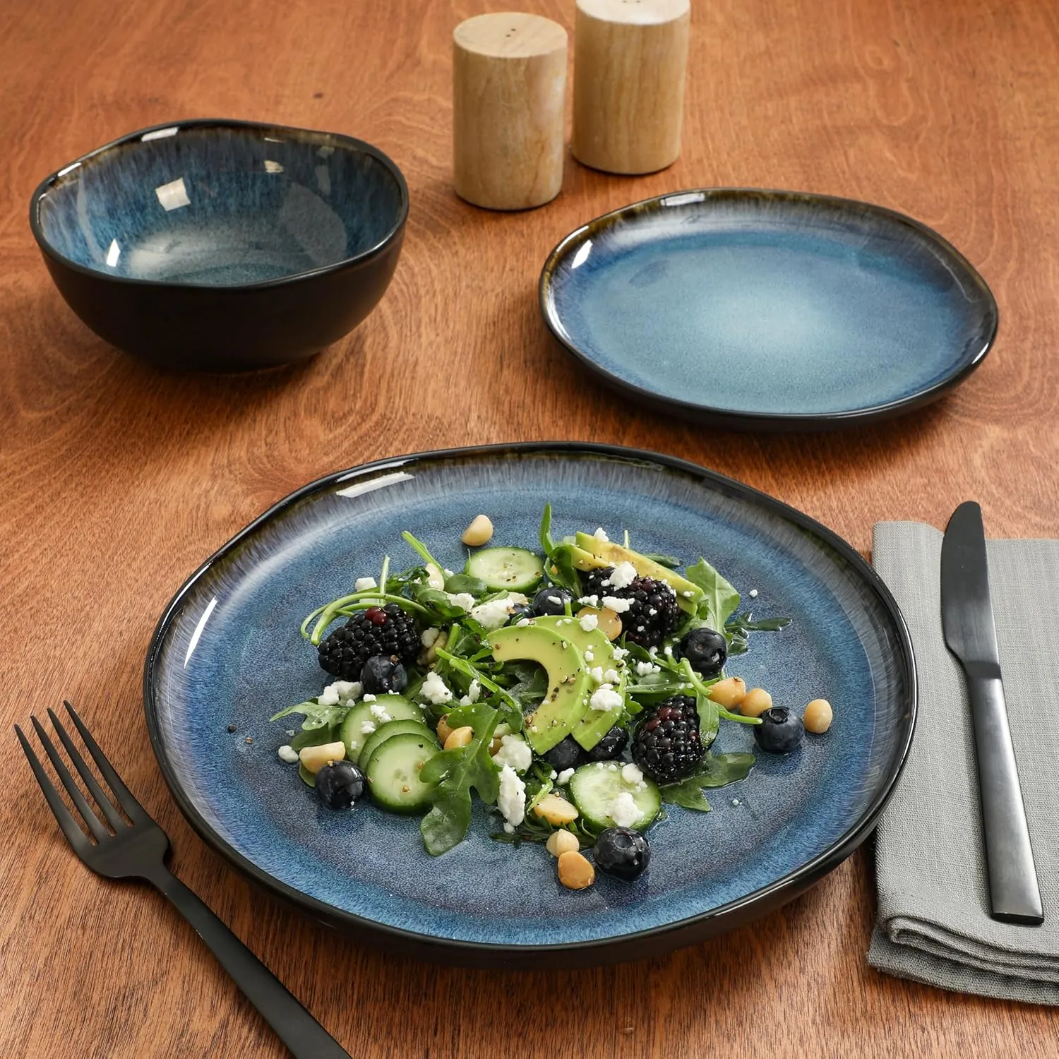 Gibson Soho Lounge Nardini 12 Piece (Service for 4) Plates and Bowls Reactive Glaze Dishes Stoneware Ceramic Dinnerware Set - Black and Blue