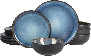Gibson Soho Lounge Nardini 12 Piece (Service for 4) Plates and Bowls Reactive Glaze Dishes Stoneware Ceramic Dinnerware Set - Black and Blue