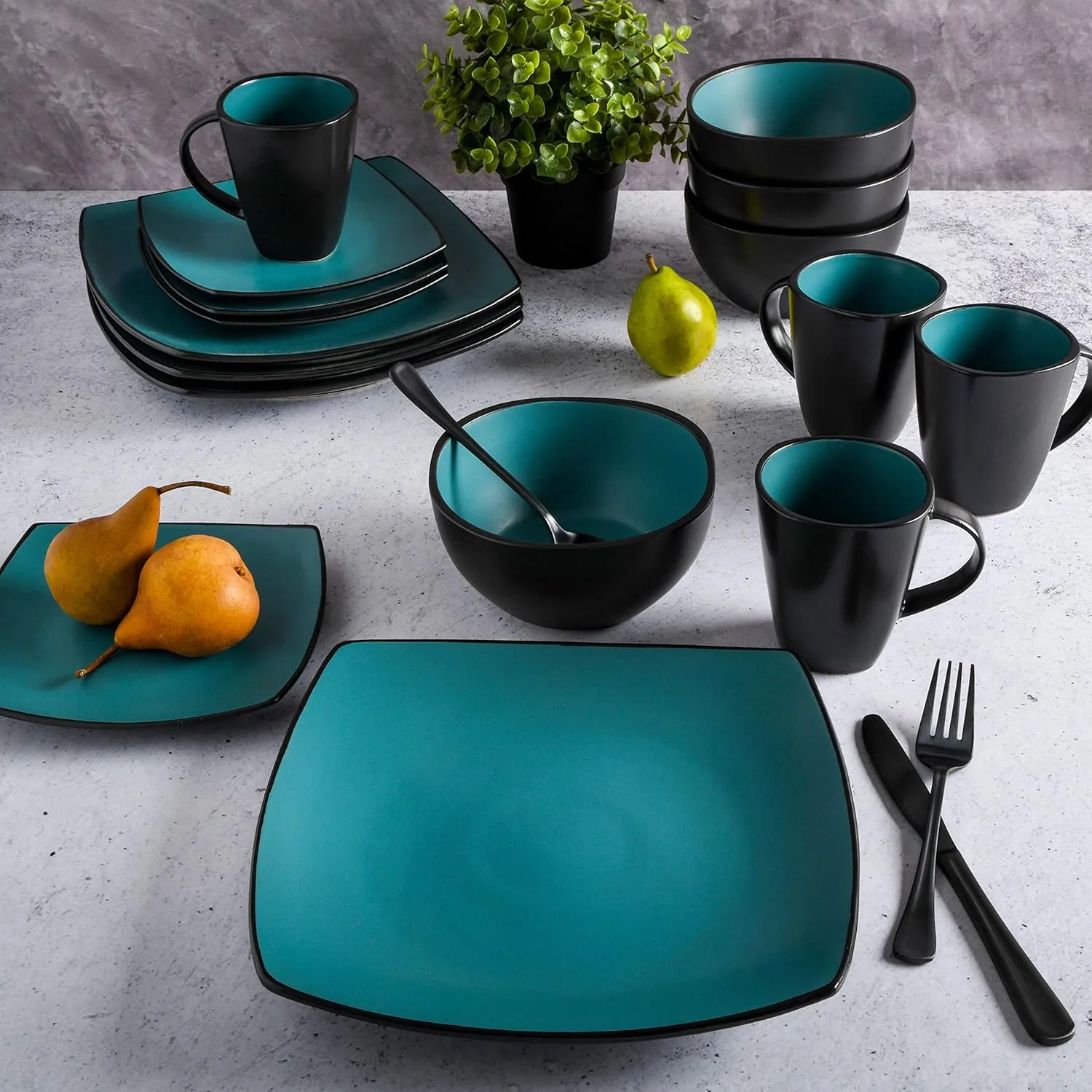 Gibson Soho Lounge Square Reactive Glaze Stoneware Dinnerware Set, Service for 4 (16pc), Matte Jade