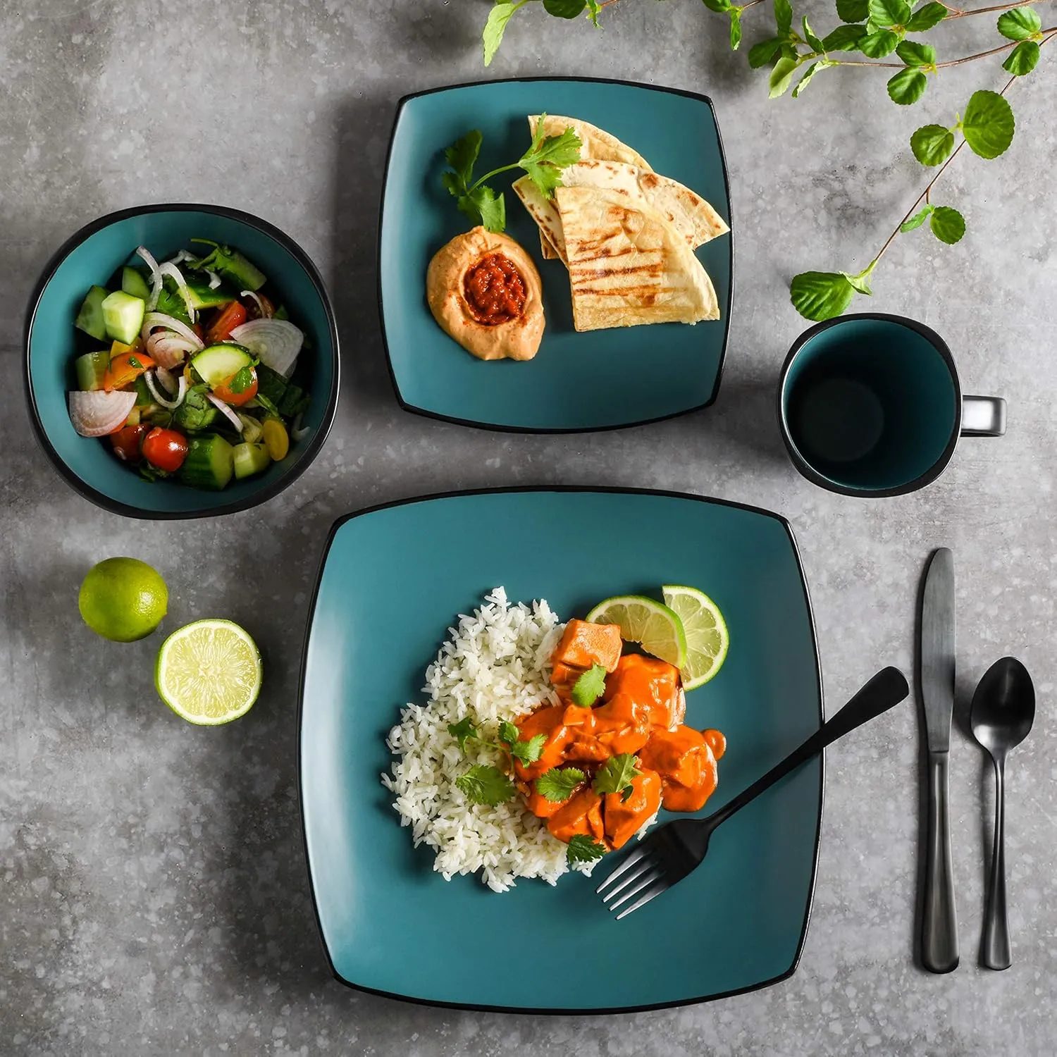 Gibson Soho Lounge Square Reactive Glaze Stoneware Dinnerware Set, Service for 4 (16pc), Matte Jade