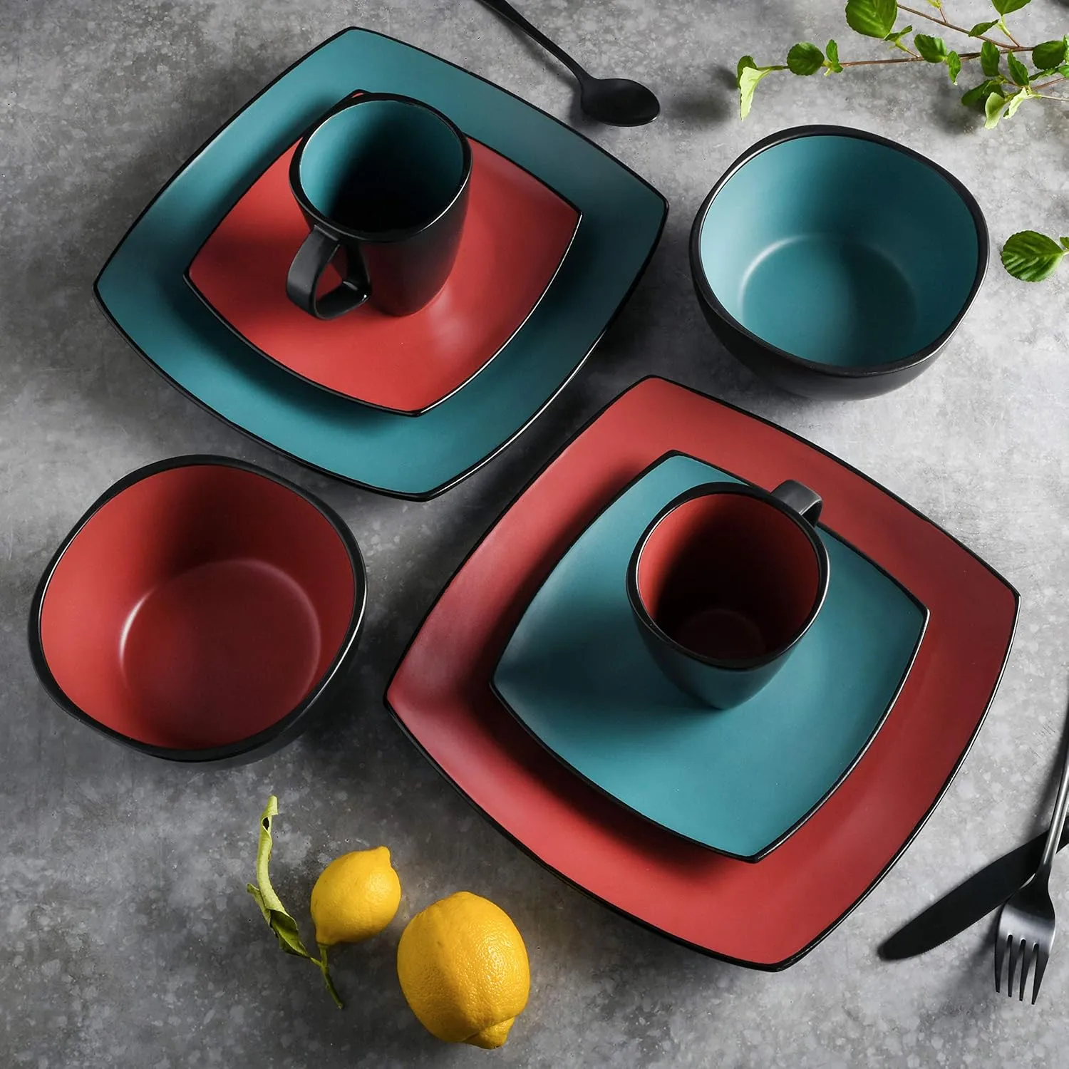 Gibson Soho Lounge Square Reactive Glaze Stoneware Dinnerware Set, Service for 4 (16pc), Matte Jade