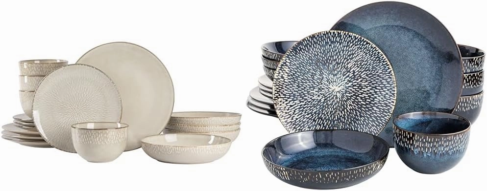Gibson Elite Matisse 16 Piece Double Bowl Dinnerware Set, Service for 4 (16pcs), Taupe and Cobalt Blue