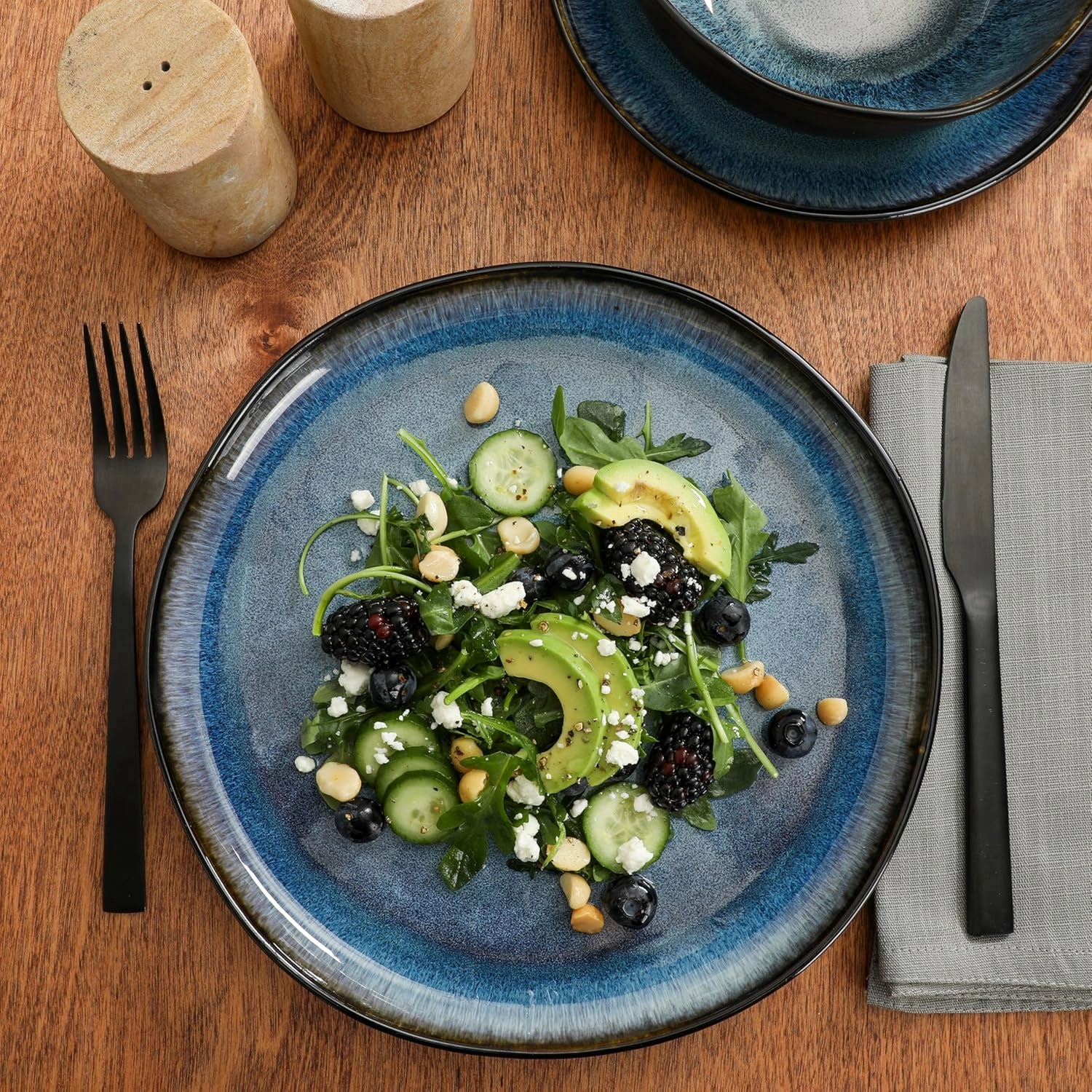 Gibson Soho Lounge Nardini 12 Piece (Service for 4) Plates and Bowls Reactive Glaze Dishes Stoneware Ceramic Dinnerware Set - Black and Blue