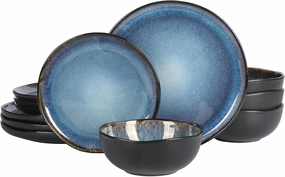 Gibson Soho Lounge Nardini 12 Piece (Service for 4) Plates and Bowls Reactive Glaze Dishes Stoneware Ceramic Dinnerware Set - Black and Blue