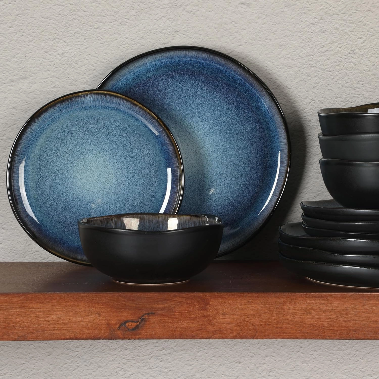 Gibson Soho Lounge Nardini 12 Piece (Service for 4) Plates and Bowls Reactive Glaze Dishes Stoneware Ceramic Dinnerware Set - Black and Blue
