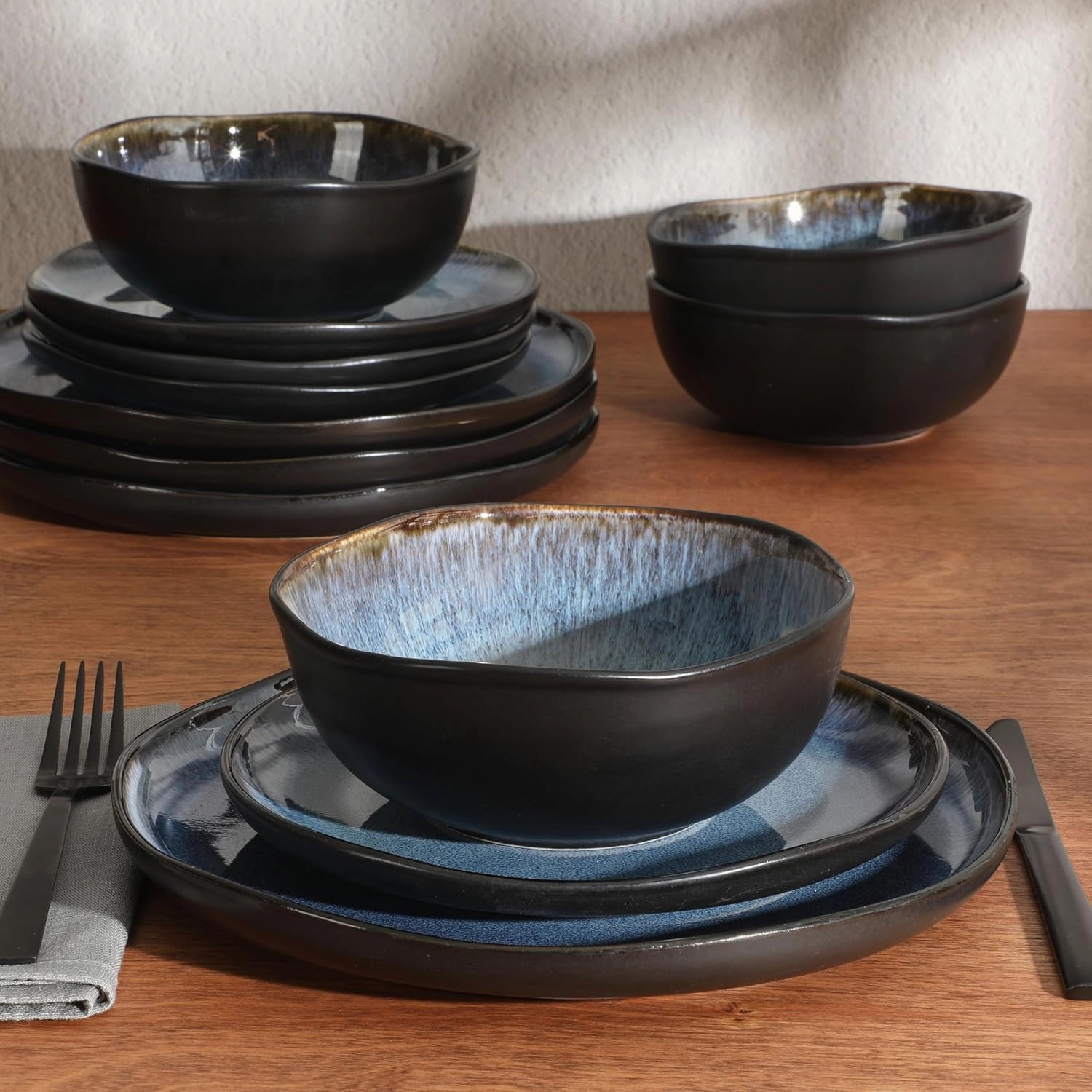 Gibson Soho Lounge Nardini 12 Piece (Service for 4) Plates and Bowls Reactive Glaze Dishes Stoneware Ceramic Dinnerware Set - Black and Blue