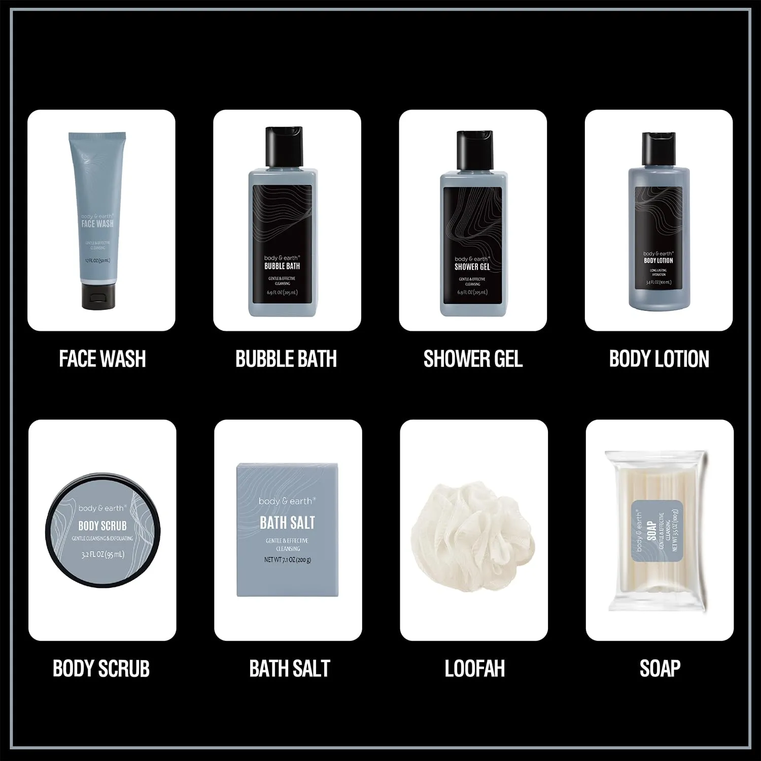 Gift Baskets for Men Body Wash Set Body & Earth Leathers Mens Bath Set with Body Lotion, Face Wash, Shower Gel, Bubble Bath, Loofah & More, Birthday Gifts for Men,regalos para hombre,Christmas Gifts