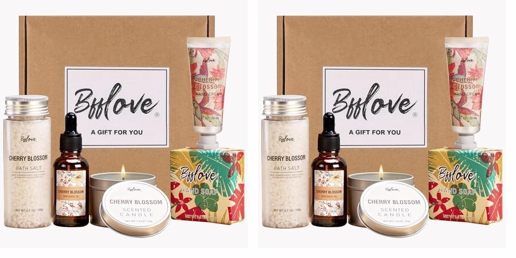 Gifts for Women BFFLOVE Gift Set for Women 5pcs Cherry Blossom Spa Set, Birthday Gifts for Her with Massage Oil, Scented Candle, Bath Salts, Hand Cream (Pack of 2)