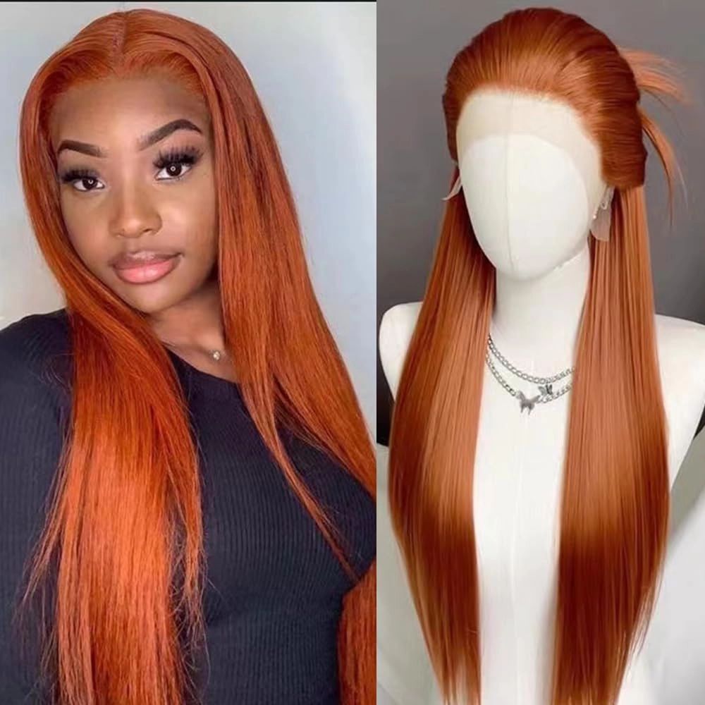 Ginger Orange Straight Synthetic Lace Front Wig,Pre Plucked Ready to Wear 13x4 HD Glueless Lace Front Wig for Women, Heat Resistant Fiber Wig