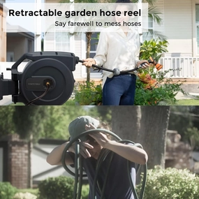 Giraffe Tools AW505/8 Retractable Garden Hose Reel 5/8" x 115 5 ft, Heavy Duty Wall Mounted Water Hose Reel Automatic Rewind, 180 Deg Swivel Bracket, Slow Retraction, 115ft, Dark Grey