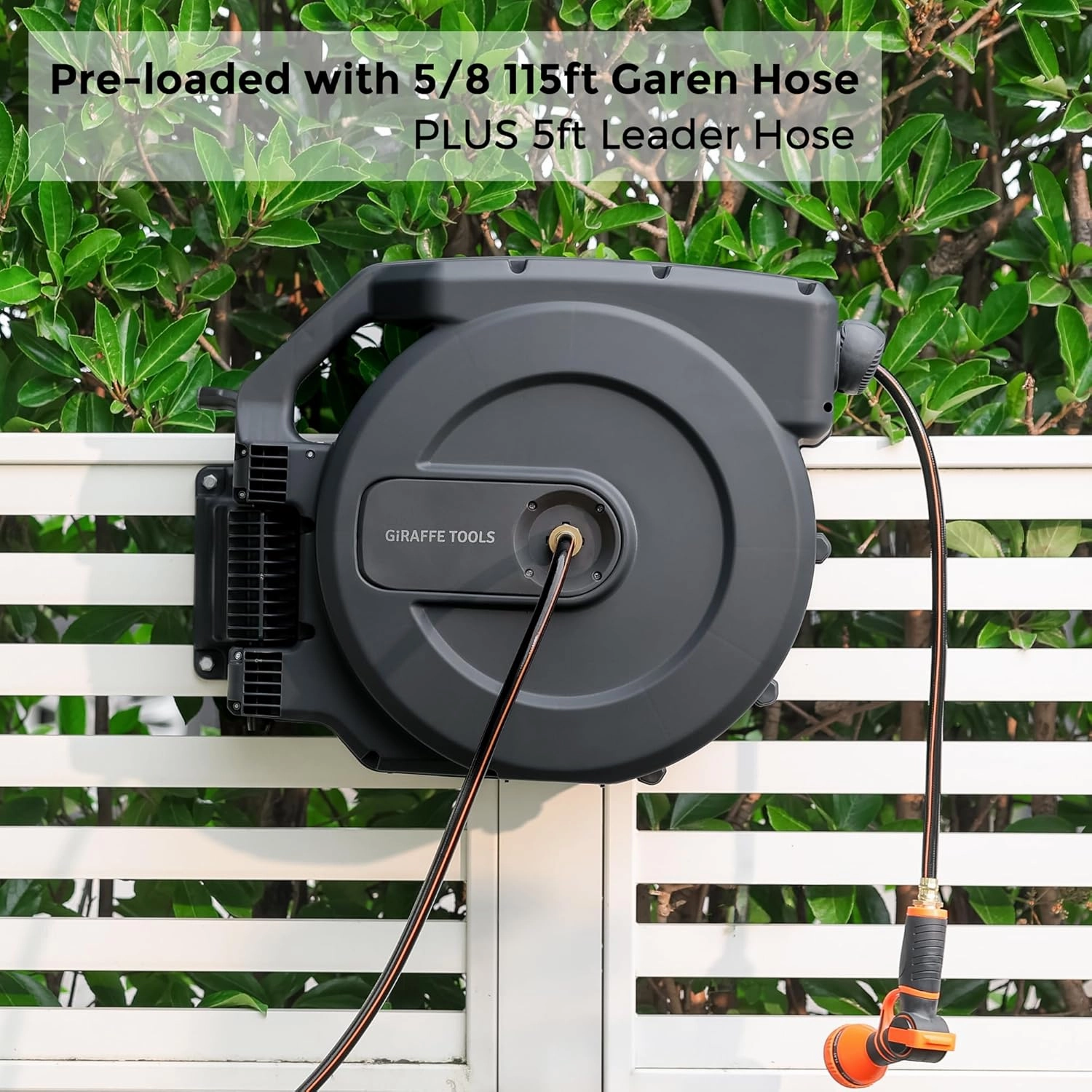 Giraffe Tools AW505/8 Retractable Garden Hose Reel 5/8" x 115 5 ft, Heavy Duty Wall Mounted Water Hose Reel Automatic Rewind, 180 Deg Swivel Bracket, Slow Retraction, 115ft, Dark Grey