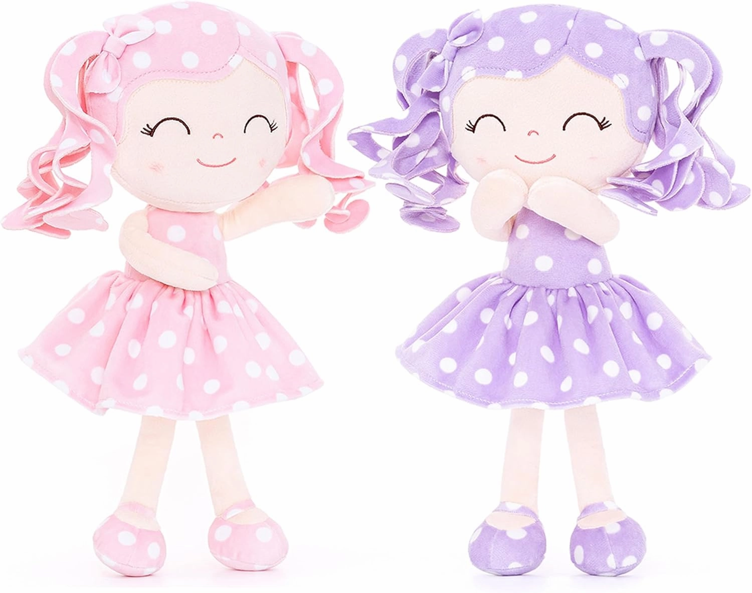 Gloveleya Doll Baby Dolls Plush Baby Doll My First Baby Doll Rag Doll Soft Doll Baby Girl Gifts Curly Hair Purple Pink Polka Dots Dress 12inches