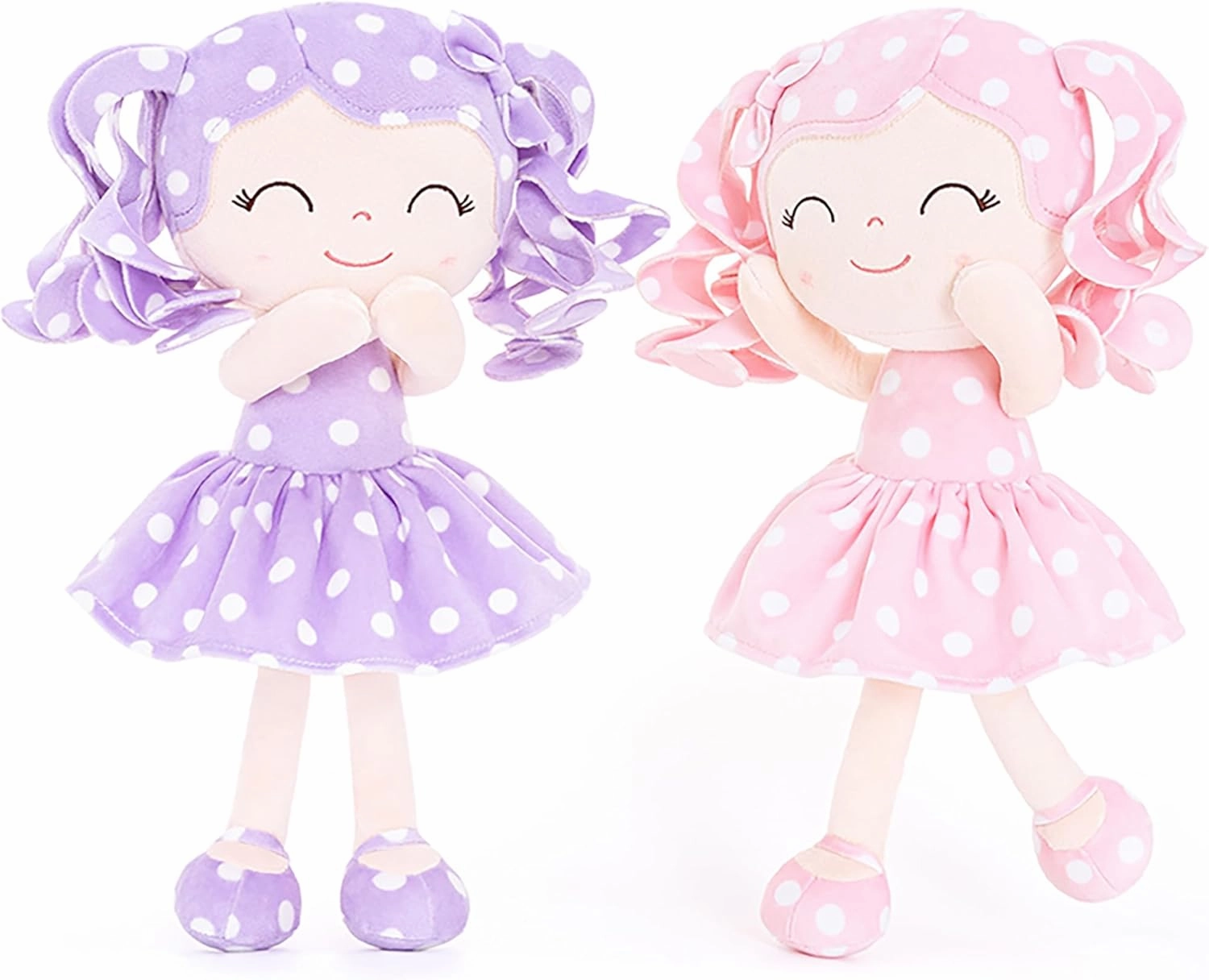 Gloveleya Doll Baby Dolls Plush Baby Doll My First Baby Doll Rag Doll Soft Doll Baby Girl Gifts Curly Hair Purple Pink Polka Dots Dress 12inches