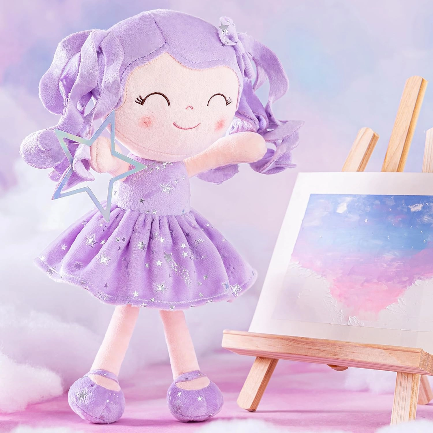Gloveleya Doll First Baby Doll Plush Baby Doll Baby Dolls Soft Doll Baby Girl Gifts Curly Hair Purple Dress 12inches
