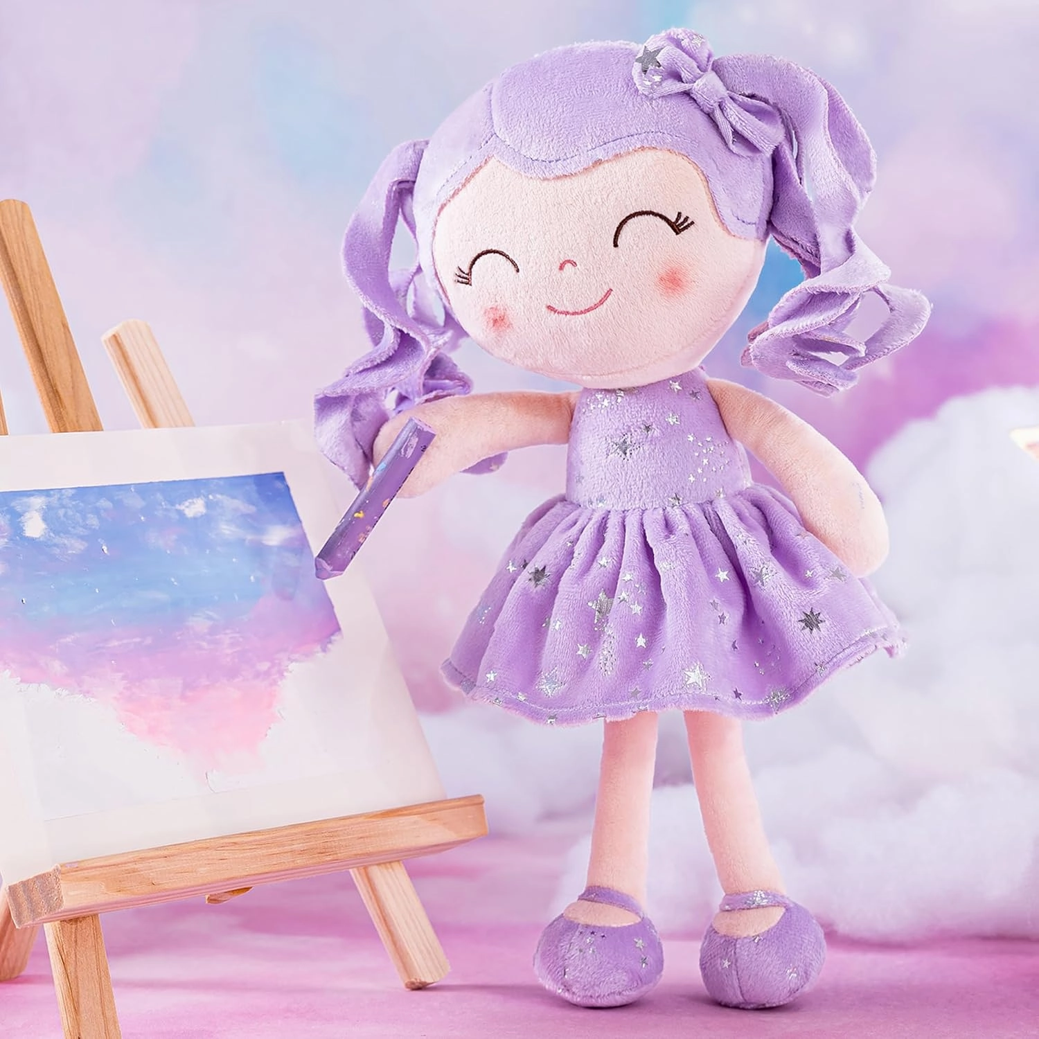 Gloveleya Doll First Baby Doll Plush Baby Doll Baby Dolls Soft Doll Baby Girl Gifts Curly Hair Purple Dress 12inches