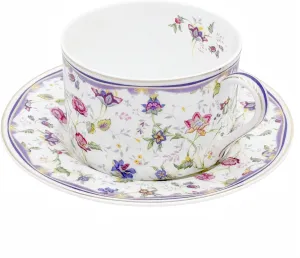 GOMMO Vintage Style Bone China Tea Cup and Saucer Set for 1, English Elegant Bone China Tea Cup, 6 oz Cappuccino Espresso Latte Cup Mug (1, Purple Floral)