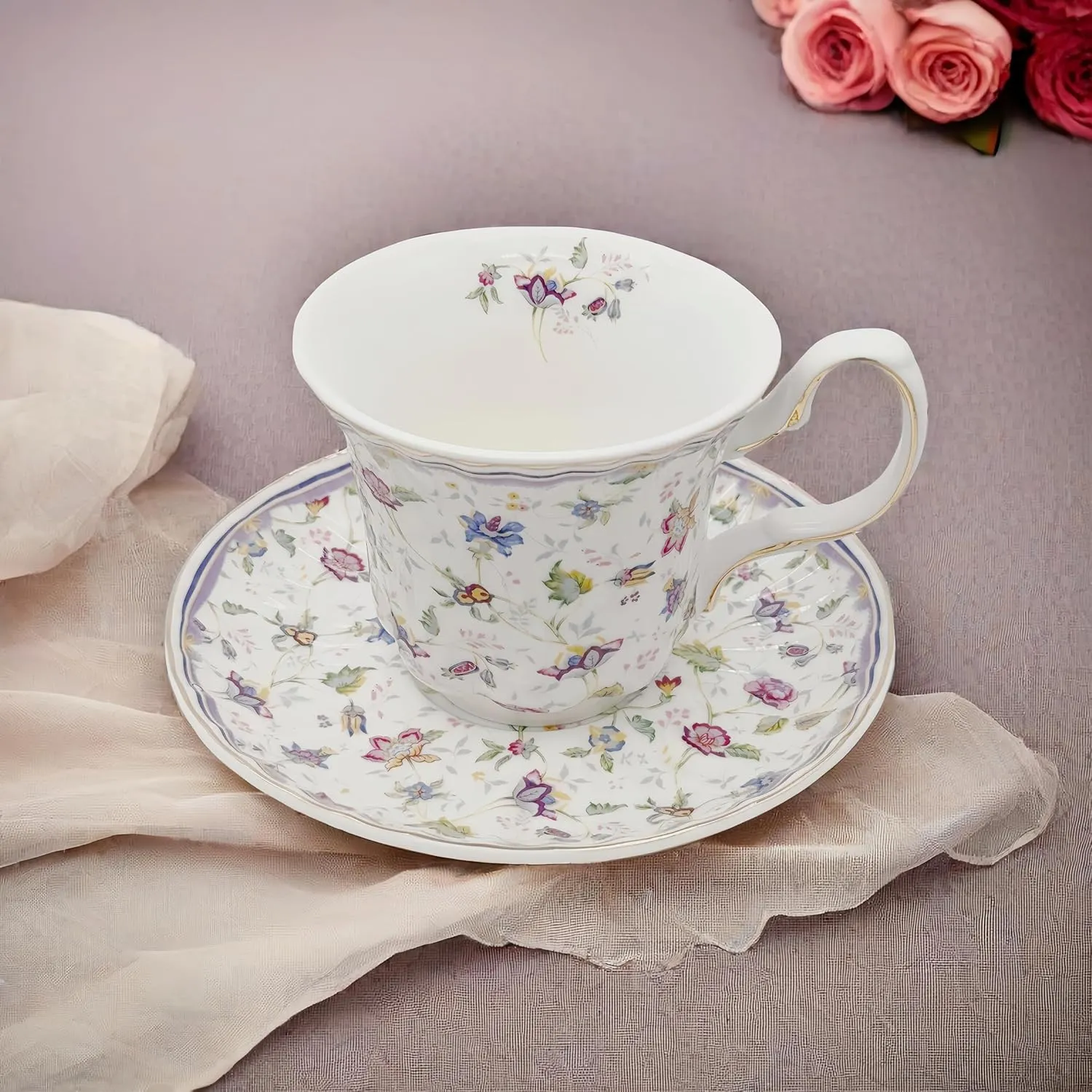 GOMMO Vintage Style Fine China Tea Cup and Saucer Set for 1 English Elegant China Tea Cup, 7 oz Cappuccino Espresso Latte Cup Mug (1, Purple Vintage)