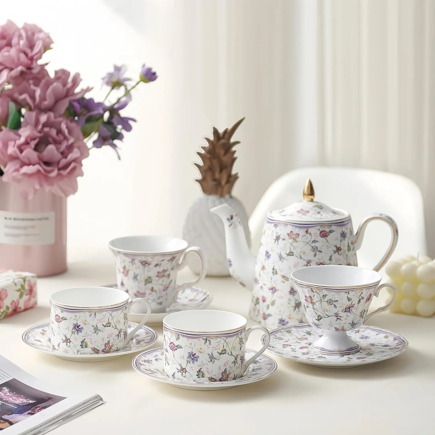 GOMMO Vintage Style Fine China Tea Cup and Saucer Set for 1 English Elegant China Tea Cup, 7 oz Cappuccino Espresso Latte Cup Mug (1, Purple Vintage)