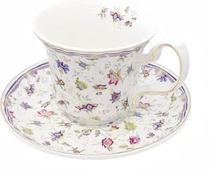 GOMMO Vintage Style Fine China Tea Cup and Saucer Set for 1 English Elegant China Tea Cup, 7 oz Cappuccino Espresso Latte Cup Mug (1, Purple Vintage)