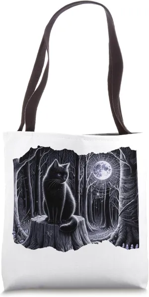 Goth Boho Aesthetic Cat with Moonlight Web in Fairy Forest Tote Bag