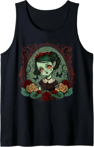 Gothic Dark Zombie Doll Chibi Style Roses Tank Top