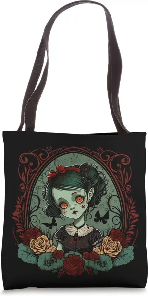 Gothic Dark Zombie Doll Chibi Style Roses Tote Bag