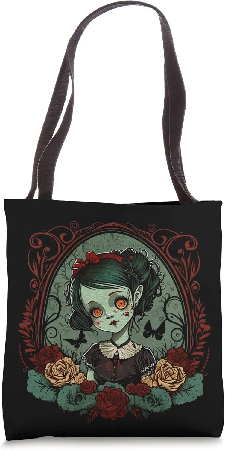 Gothic Dark Zombie Doll Chibi Style Roses Tote Bag