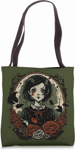 Gothic Dark Zombie Doll Chibi Style Roses and Butterflies Tote Bag