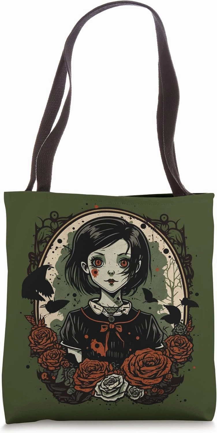Gothic Dark Zombie Doll Chibi Style Roses and Butterflies Tote Bag