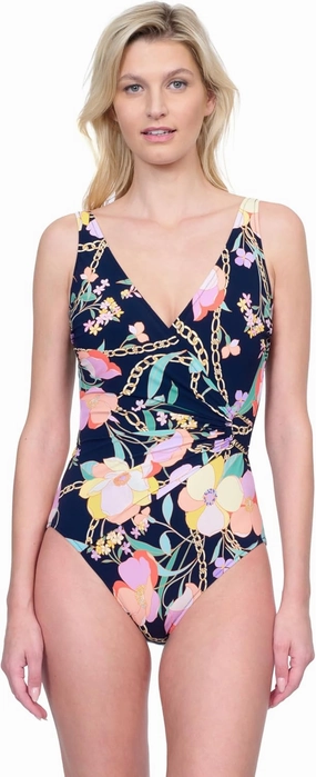 Gottex Memories of Capri Women's Floral Chain One Piece Swimsuit with Neck Suplice Soft Cups and Tummy Control