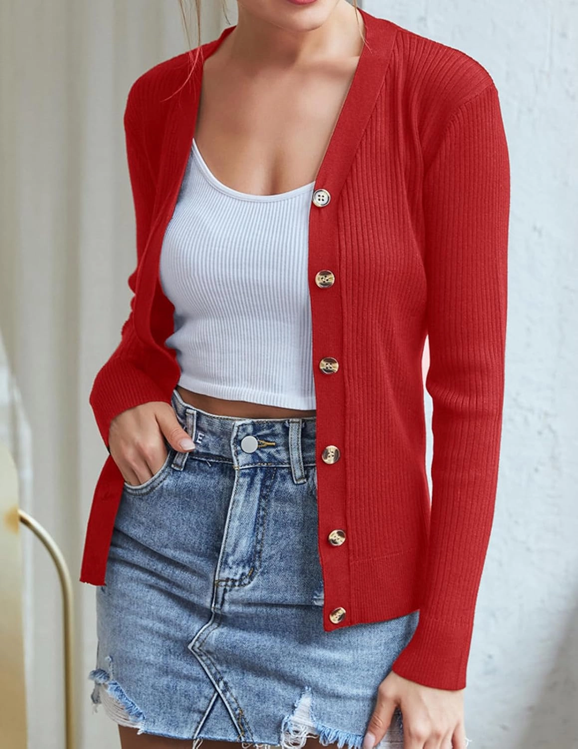GRACE KARIN Women's Button Up V Neck Long Sleeve Soft Basic Knit Cardigan Sweater