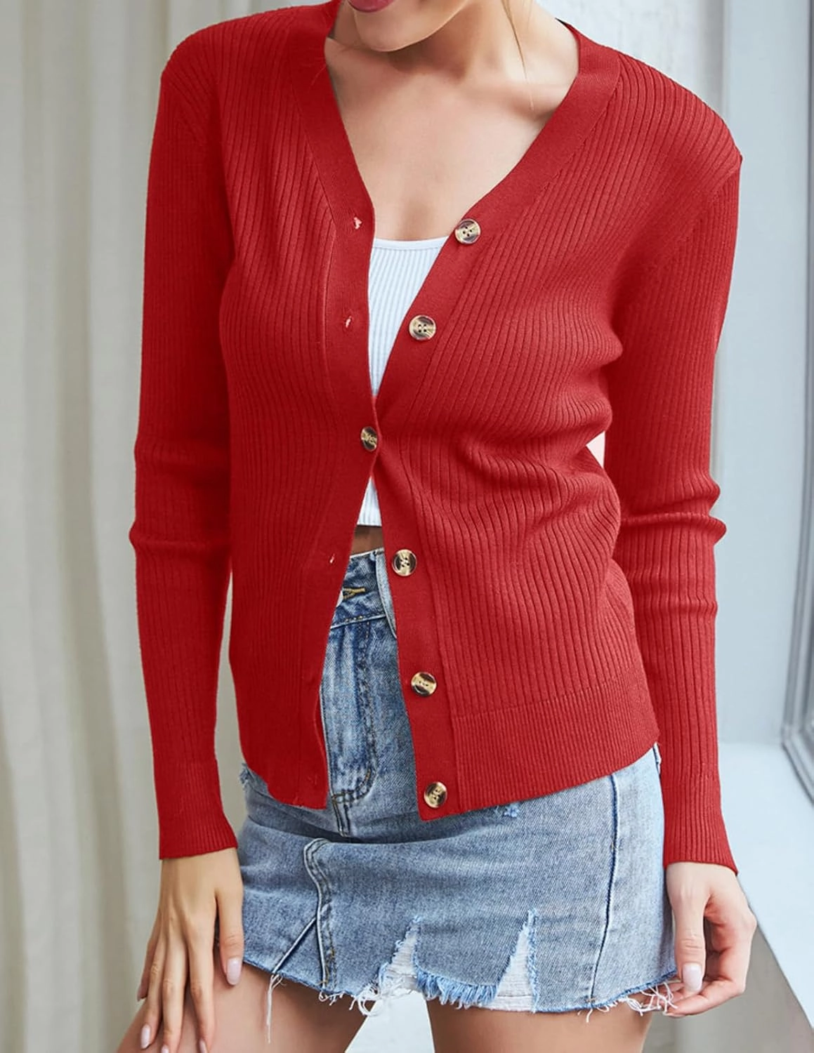 GRACE KARIN Women's Button Up V Neck Long Sleeve Soft Basic Knit Cardigan Sweater